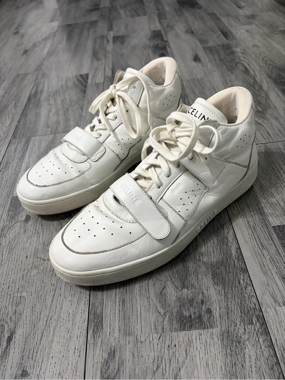 Celine CT-02 Mid Top White Leather Sneakers with Strap